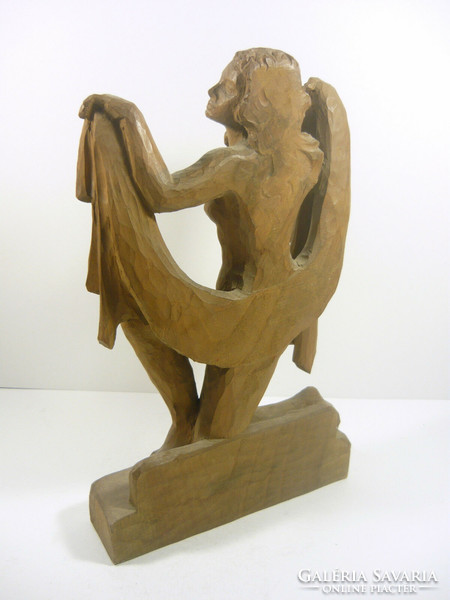 Posing naked lady 30.8 Cm signed hand-carved wooden sculpture, flawless! (F046)