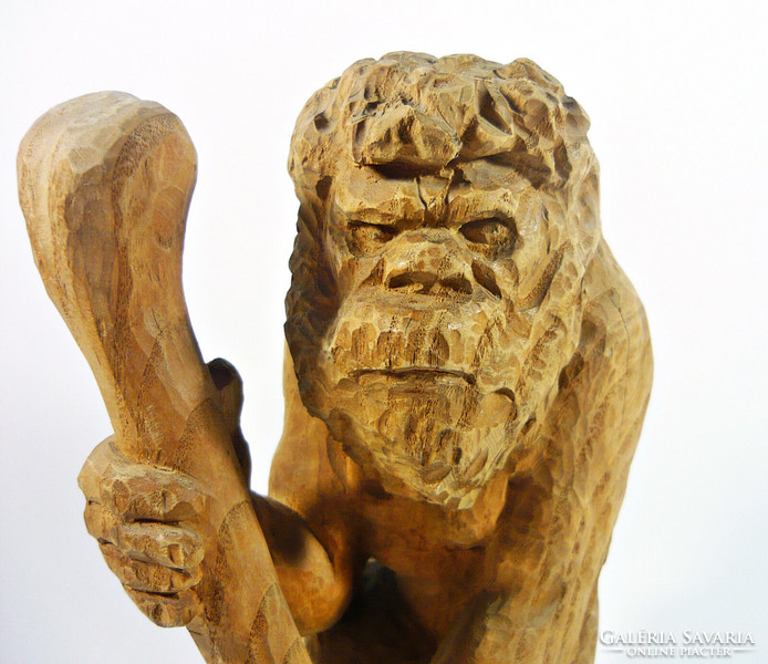 Jerky caveman signed hand-carved wooden statue, flawless! (F043)