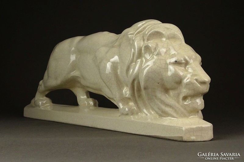 1F463 Régi repesztett mázas Louis Fontinelle kerámia oroszlán szobor 37 cm