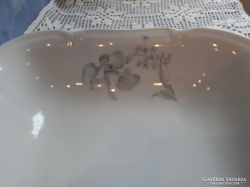 Régi Drasche szögletes porcelán köretes, pörköltes tál, szürke virág mintával
