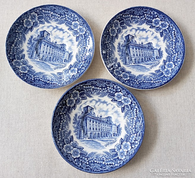 English faience blue small plates with the image of 3 Eszterházy castle