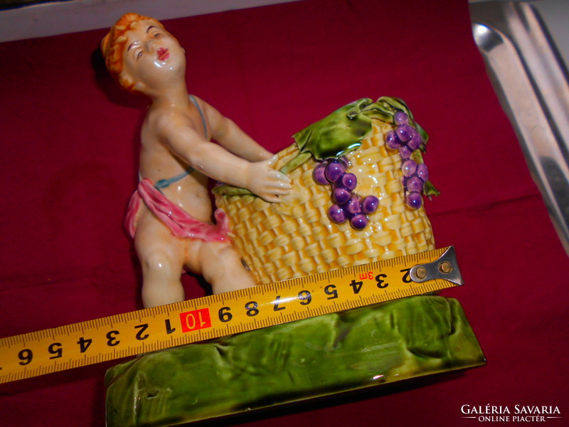 Antique majolica table figurine - vintage little girl with basket