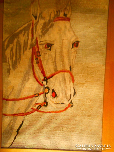 -Antik  tűgobelin-lóportré ( apró kézi gobelin) kép keretezett 48 cm X 36 cm