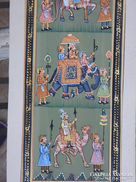 Indiai selyemkép festmény : Ló elefánt és teve díszmenet