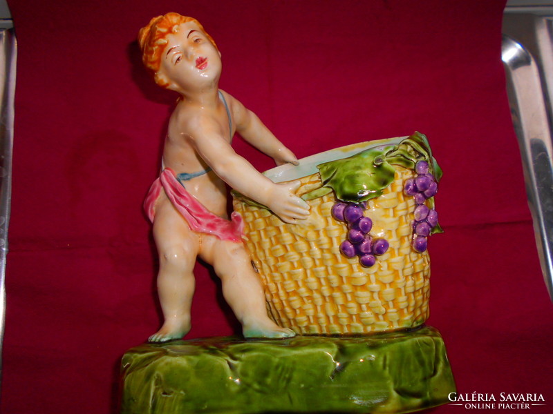 Antique majolica table figurine - vintage little girl with basket
