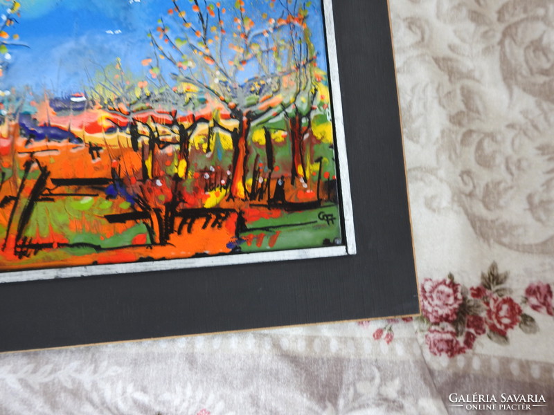 Cs. Uhrin tibor fire enamel pictures - Csaba landscape with flowering trees