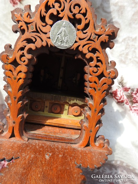 Wall-mounted Art Nouveau wooden church model with altar, copper elements and silver medal