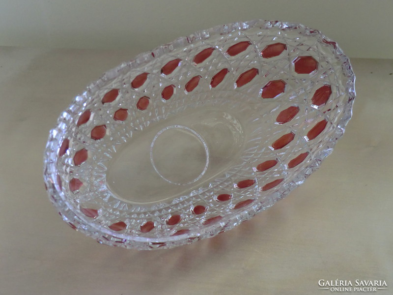 Üveg bonbonkínáló ovális bordó üveg berakással 20x12x8 cm
