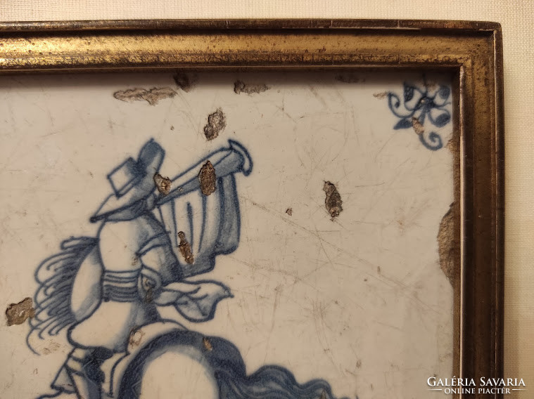 Antique 2 pieces of Delft porcelain tiles in equestrian soldier motif frame 18-19th century delft nr. 72