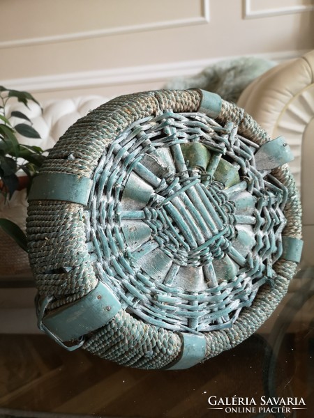 Exotic turquoise seaweed basket with handmade steamed wooden handles, 26 x 30 cm