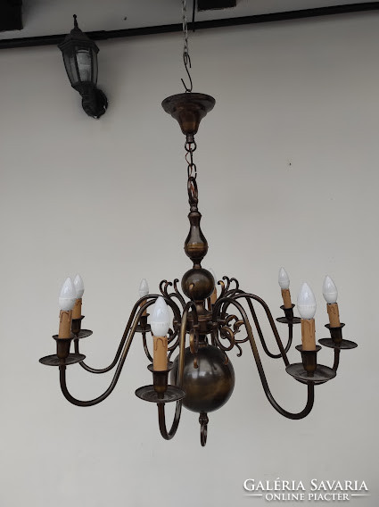 Antique 8 Arm Patinated Copper Flemish Chandelier + 8 New Decorative Candles and 8 Candle Bulbs 601 4547