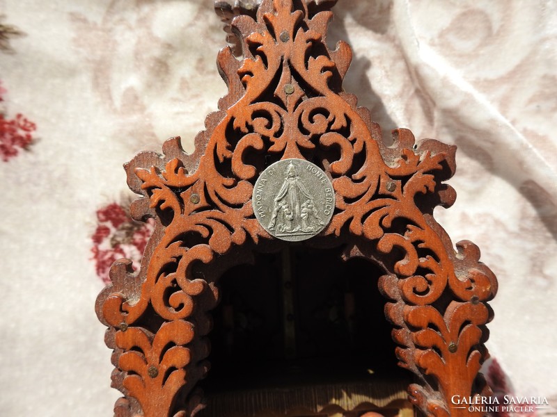 Wall-mounted Art Nouveau wooden church model with altar, copper elements and silver medal