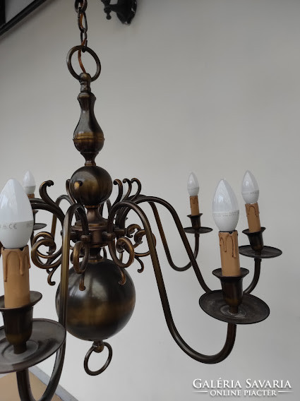 Antique 8 Arm Patinated Copper Flemish Chandelier + 8 New Decorative Candles and 8 Candle Bulbs 601 4547