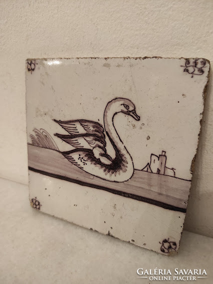 Antique delft porcelain tiles floating swan bird motif 18-19 Century delft nr. 248