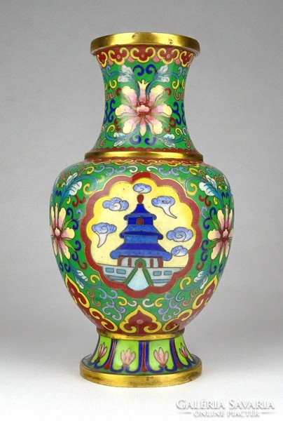 1G326 Antique Buddhist Symbol Fire Enamel Japanese Copper Vase 18.5 Cm