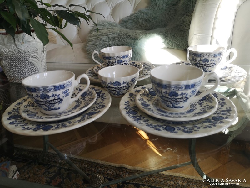 Myott Meakin, vintage, angol kék - fehér fajansz teás, kávés, reggeliző szett, 4 db