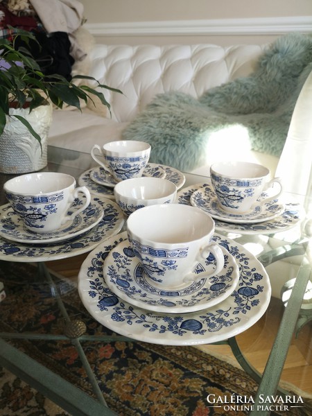 Myott Meakin, vintage, angol kék - fehér fajansz teás, kávés, reggeliző szett, 4 db