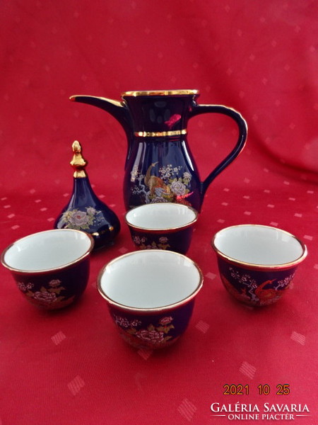 Japanese porcelain tea set, four-person, cobalt blue, pheasant pattern. He has!