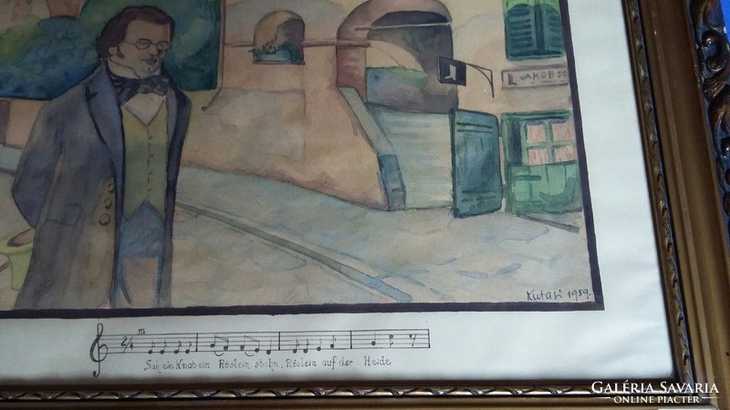 In a watercolor gold frame: kutasi 1959. - Franz schubert - with a musical detail of the steppe rose