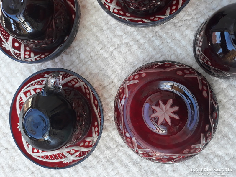 Old, beautiful, burgundy, polished glass coffee set, 6 cups + 6 saucers.