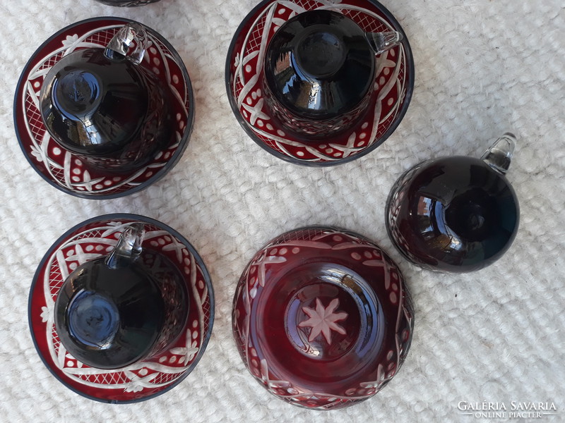 Old, beautiful, burgundy, polished glass coffee set, 6 cups + 6 saucers.