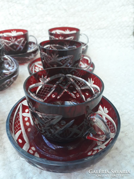 Old, beautiful, burgundy, polished glass coffee set, 6 cups + 6 saucers.
