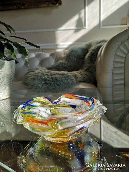Muranoi, szakított, szabadon formázott üvegtál, 14 x 4 cm