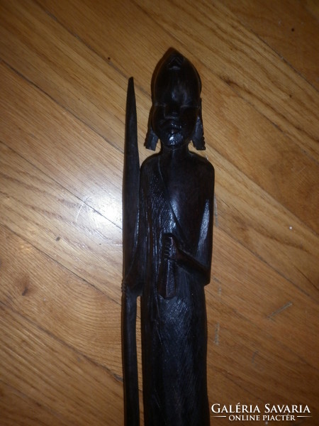 Carved wooden sculpture of African figurine with spear from tropical wood 36cm