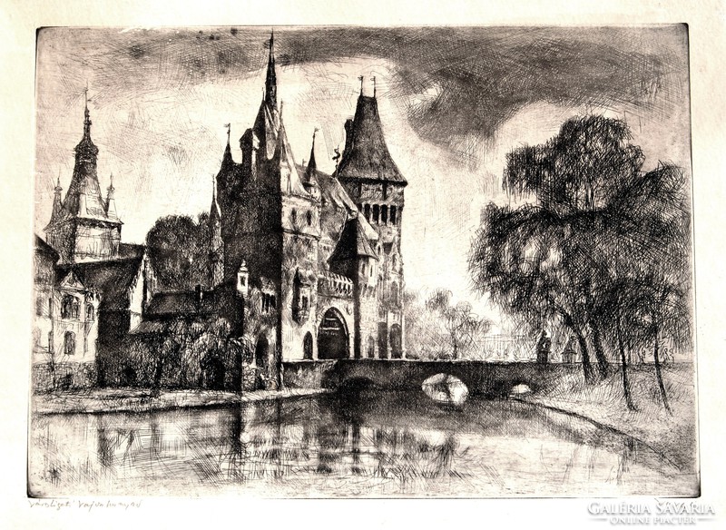 Lajos Nargor Varga (1895-1978): city park, voivodship castle - original etching