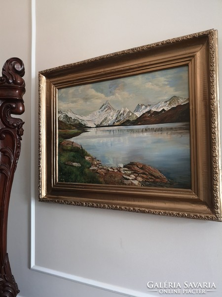 Alpesi táj, régi olajfestmény 1963, jelzett, restaurált, 65 x 83 cm
