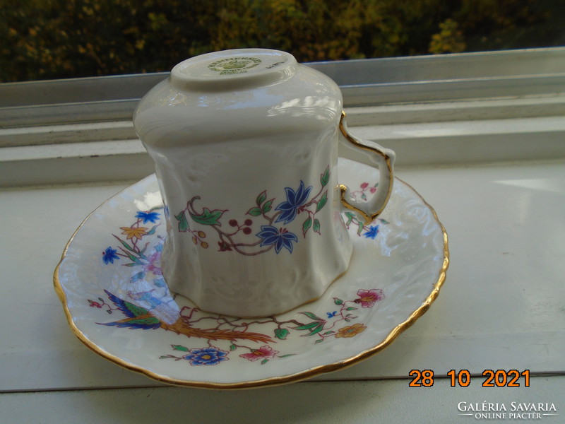 Hammersley lacy, polychrome, tomato bird, embossed hand-numbered teacup with saucer