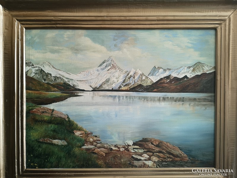 Alpesi táj, régi olajfestmény 1963, jelzett, restaurált, 65 x 83 cm