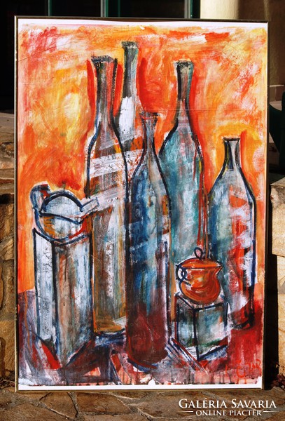 Kortárs művész (M.O jelzéssel): Üvegek, 2003 - nagy méretű festmény, keretezve