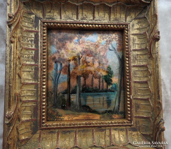 Limoges french fire enamel image - marked - autumn on the waterfront