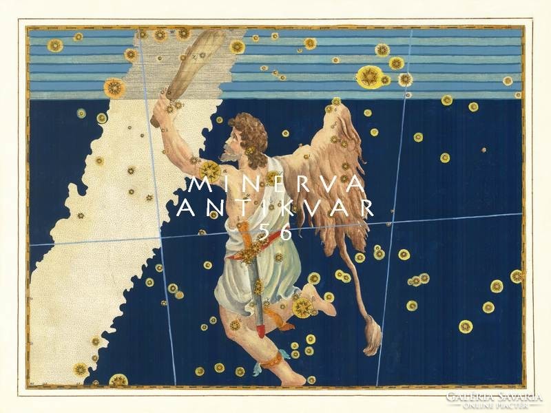 Orion, the hunter constellation sky map Greek mythology rigel reprint j.Bayer uranometry 1625