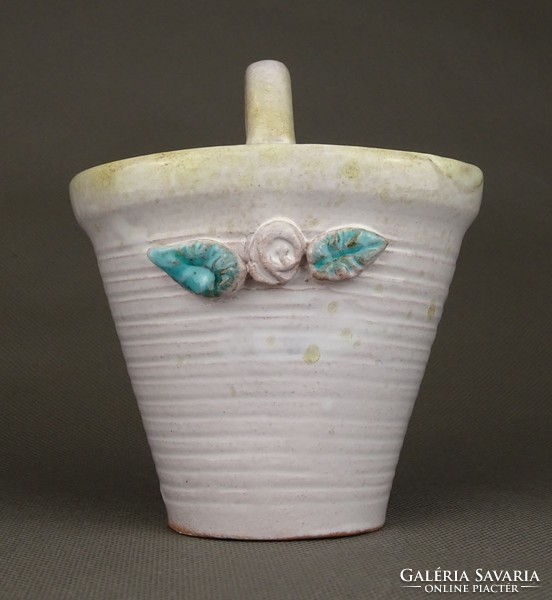 1G467 old porcelain basket decorated with leaves and shells 11 cm