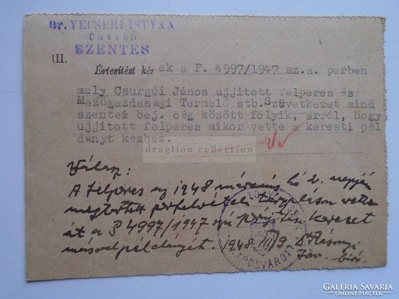 D185263 Levelezőlap KAPOSVÁR 1948 -Vecseri István ügyvéd úrnak címezve -SZENTES
