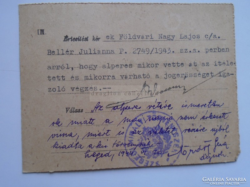 D185264 postcard Szeged 1944 -addressed to the lawyer István Vecseri -szentes