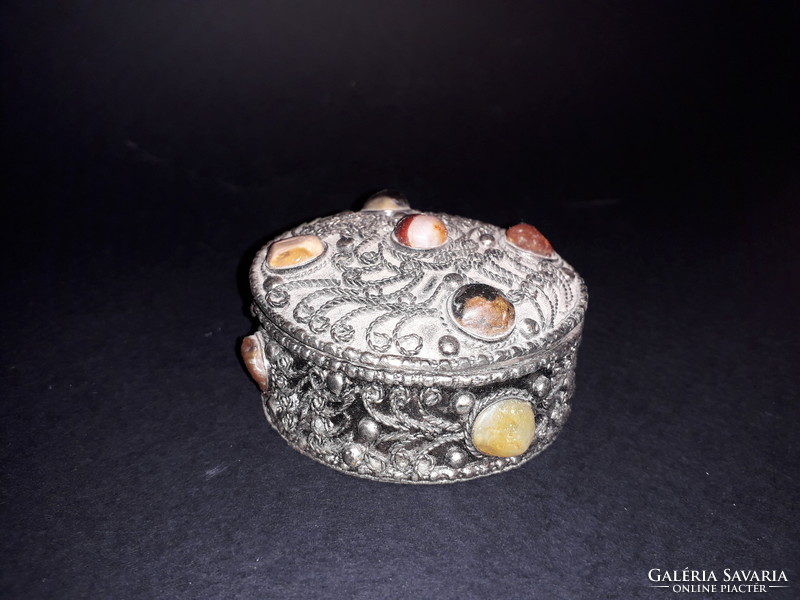 Larger metal filigree jewelry box with mineral stones