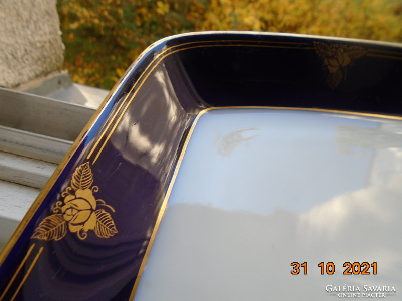 1938 Kézzel festett kobalt-arany rózsa mintával SCHLAGGENWALD nagy nehéz tál