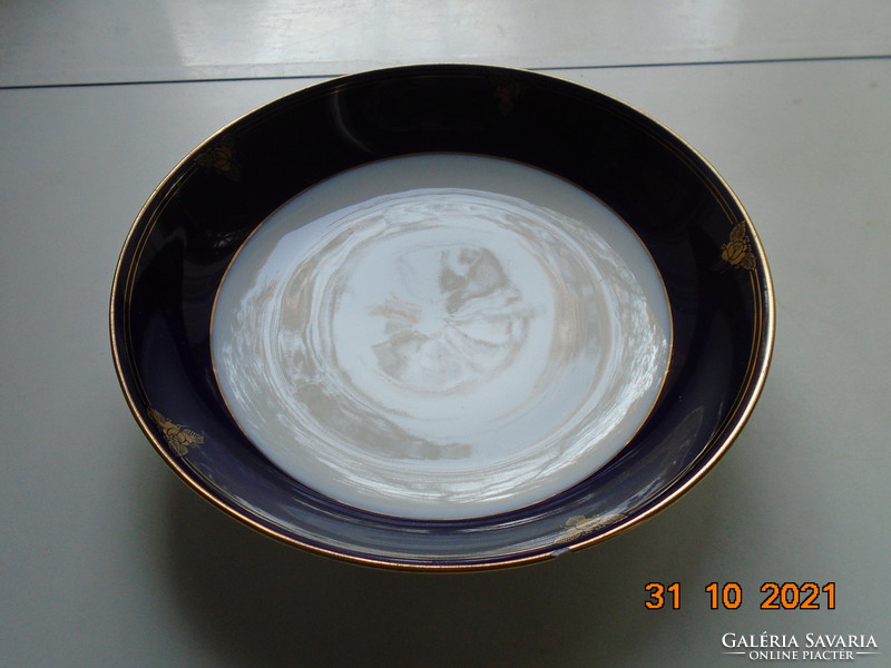 1938 Schlaggenwald round bowl with hand-painted cobalt-gold rose pattern