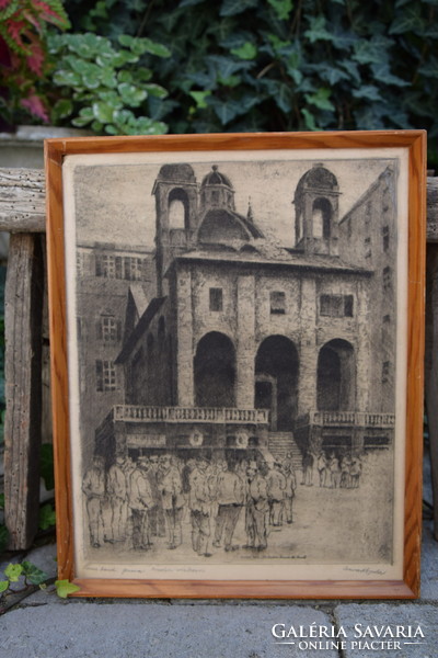 Gyula Conrád, etching in the market square of Genoa
