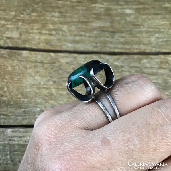 Old handcrafted modernist silver ring with black and green stone