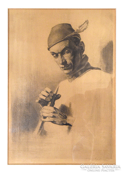 Ismeretlen szerző, „Vadász síppal” c. képe. Feltehetően XX. sz.-i olasz művész alkotása.