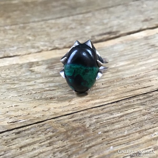 Old handcrafted modernist silver ring with black and green stone