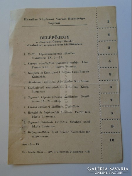 D185434 ticket - for the exhibitions of the festive weeks in Sopron -country folk front city council-sopron
