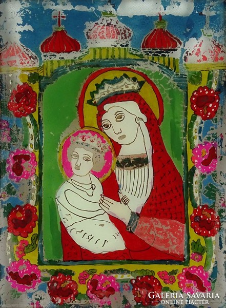 1G440 Antique Transylvanian glass icon: Mary with her baby