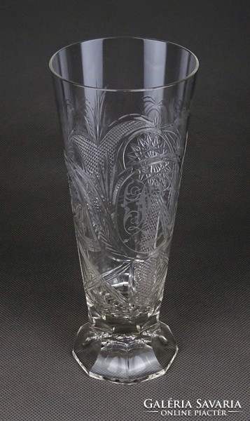 1G432 Régi monogramos talpas csiszoltüveg pohár 19 cm
