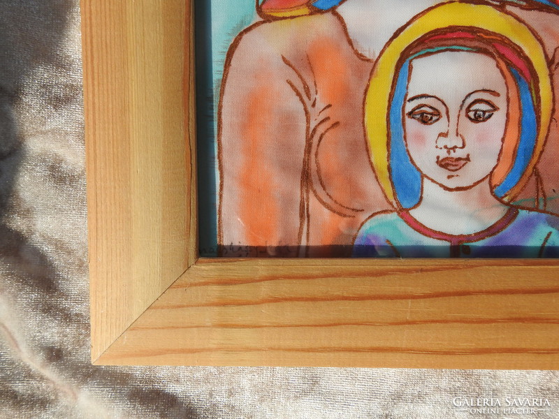Macskássy Izolda selyem festménye - selyemkép -  Nő gyermekével