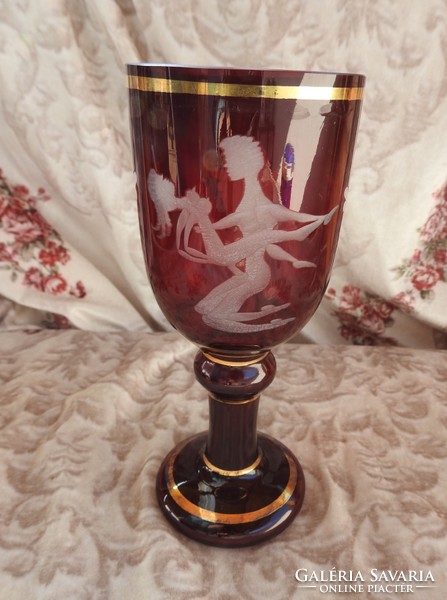 Antique Purple Pickled Erotic Scene with Biedermeier Cup - Hand Polished Glass Cup